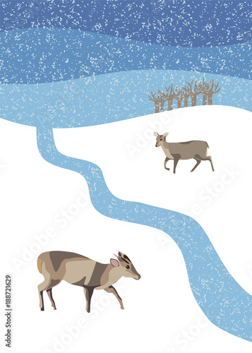 Winter scene with muntjac deer in snow flurry © Gem Graphic Design