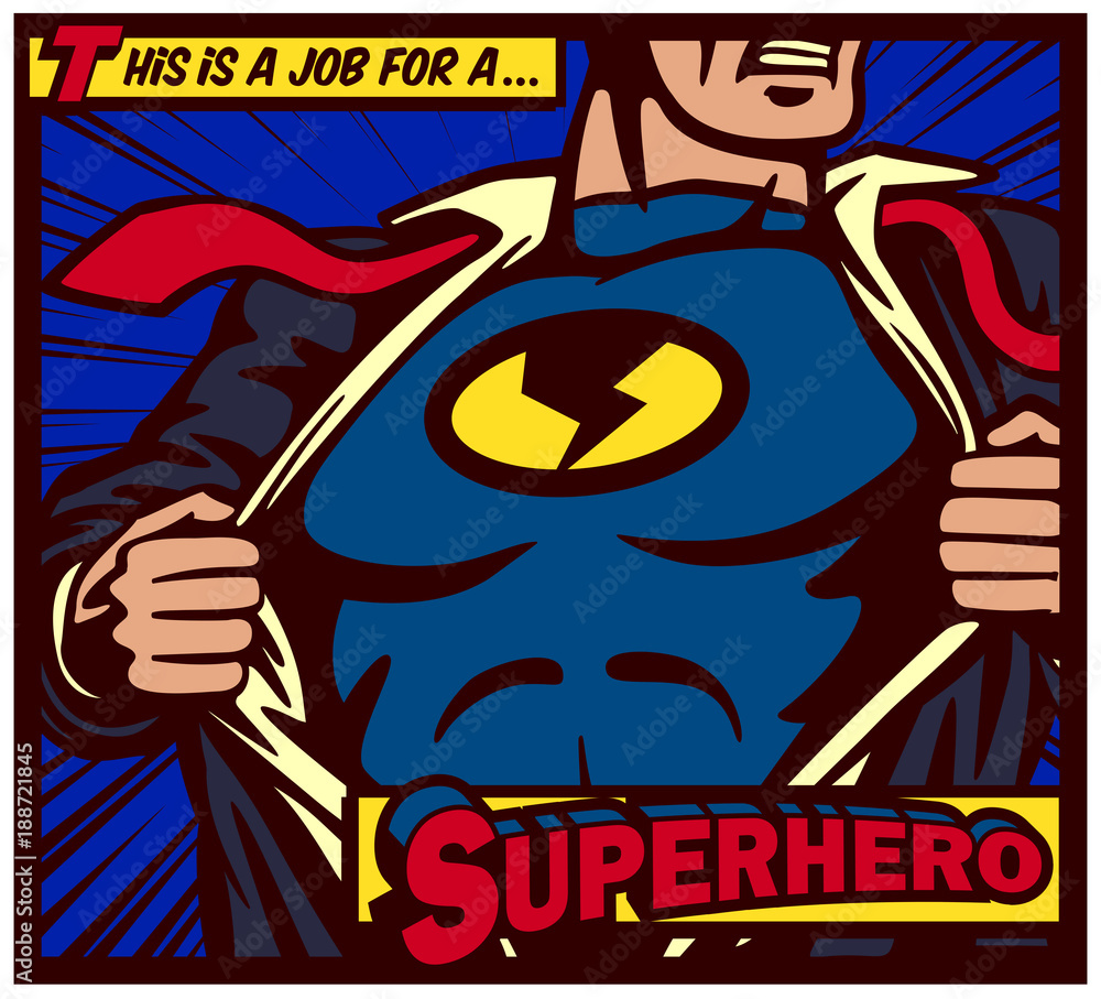 Pop art comic book style panel superhero tearing shirt and wearing costume vector poster illustration - obrazy, fototapety, plakaty 