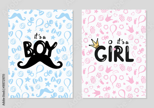 Baby shower posters set. Vector invitation with cute kids pattern. Baby arrival and shower collection with lettering. It's a girl, it's a boy greeting card