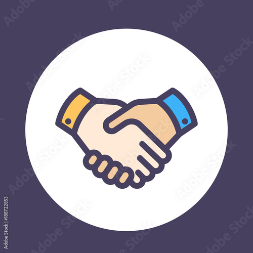 handshake icon, deal, partnership, agreement, shaking hands pictogram in flat style with outline on white