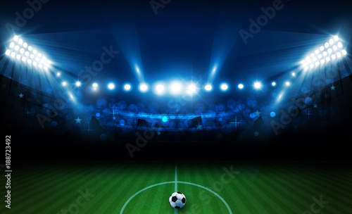 Football arena field with bright stadium lights vector design. Vector illumination