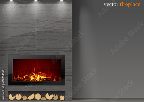 Modern vector a fireplace in the interior room. The fire in the furnace. Heating system