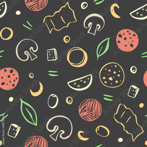 Seamless pattern of color pizza ingredients on dark background. Vector illustration