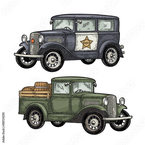 Retro police car and pickup truck with barrel. Vintage engraving
