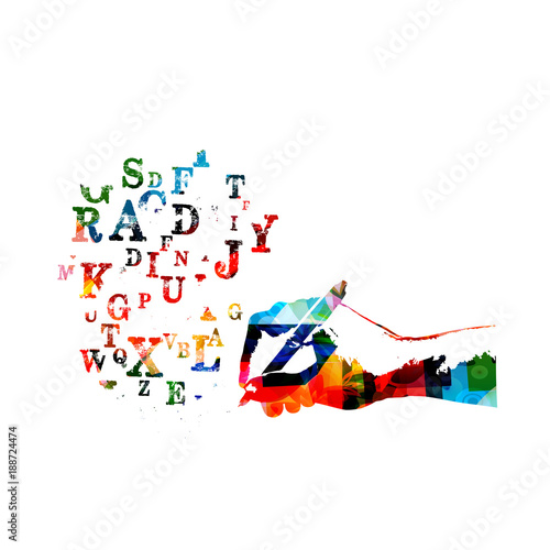 Colorful alphabet letters with pencil isolated vector illustration. Creative writing, education background