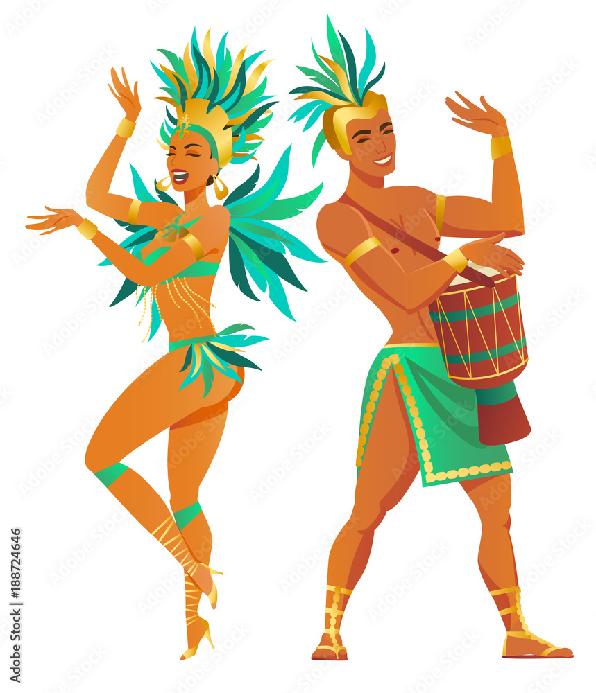 Set of Brazilian samba dancers. Vector carnival girl and guy dancing. Set of Brazilian samba dancers. Vector carnival girl and guy dancing.