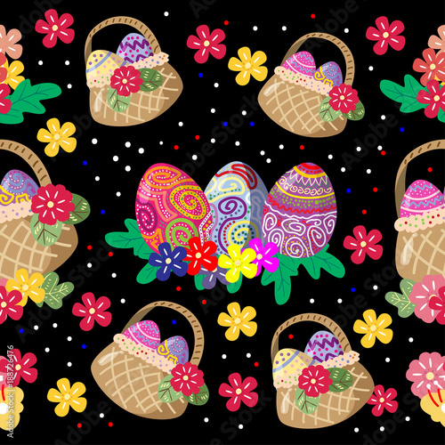 Cute Bunny and easter eggs seamless pattern with colorful flower on cools background for easter festival