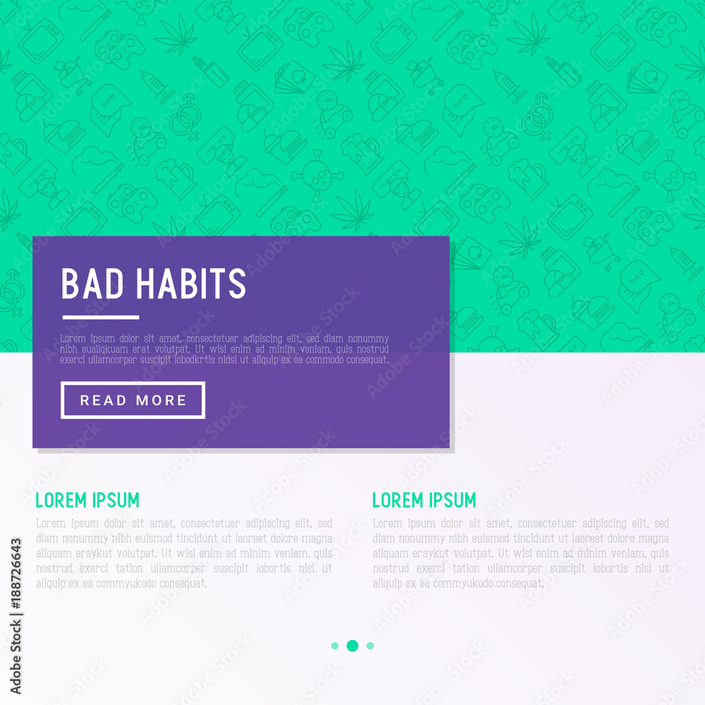 Bad habits concept with thin line icons: abuse, alcoholism, cigarette, marijuana, drugs, fast food, poker, promiscuity, tv, video games. Modern vector illustration for banner, print media.
