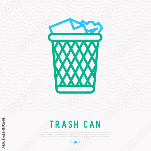 Trash can with garbage thin line icon. Modern vector illustration.
