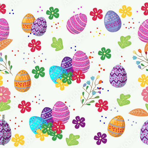 Cute easter eggs seamless pattern with colorful flower on cools background for easter festival