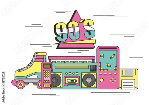 tape recorder cube rubik video game tamagotchi roller skate 90s devices and toys vector illustration