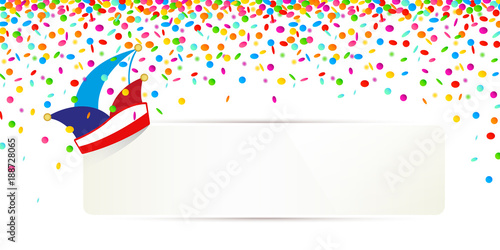weißes banner mit faschingskappe und buntem konfetti