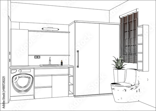 Vector illustration. Linear sketch of an bathroom interior. Interior design. Modern bathroom furniture design with appliances and decors. Home Interior Design Software Programs.