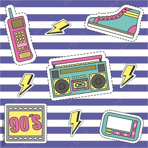 fashion 90s patches retro elements collection stripes background vector illustration