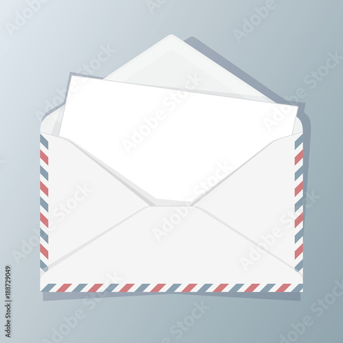 Blank template of open white envelope with empty sheet. Symbol of postal message, post mail, email or business document. Vector illustration.