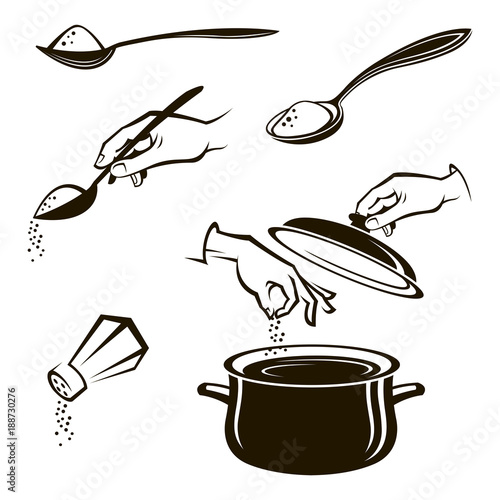 monochrome collection of spoon, salt shaker and pan with hand on white background