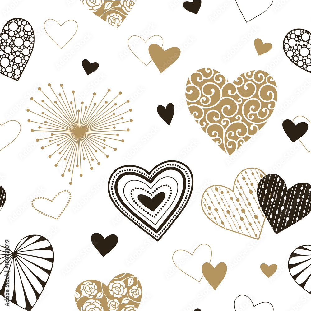 Cute hearts seamless background. Valentine day ornament black and gold on  white. Romantic tiled pattern for wrapping paper and wallpaper design.  Stock Vector | Adobe Stock