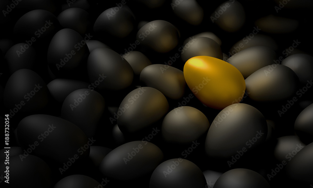 A golden egg lying among the black eggs. 3d illustration A golden egg lying among the black eggs. 3d illustration