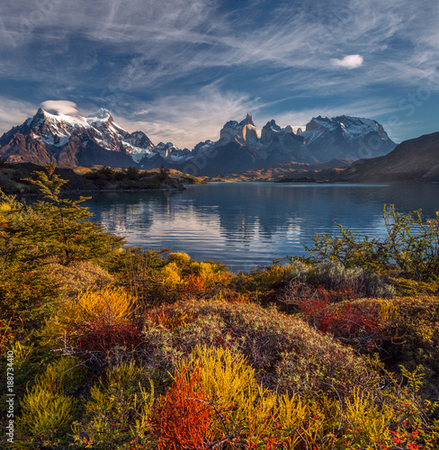 The National Park Torres del Paine, Lakes and mountains colorful autumn landscape. Patagonia, Chile