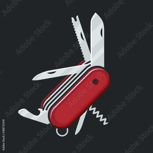 Red Swiss Folding knife flat icon vector; Multi-tool instrument sign vector isolated