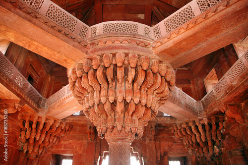Beautiful carvings and design on the center pillar of Diwan-e-Khas at Fatehpur Sikri complex, India