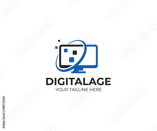 Computer monitor logo template. Digital screen vector design. Device illustration