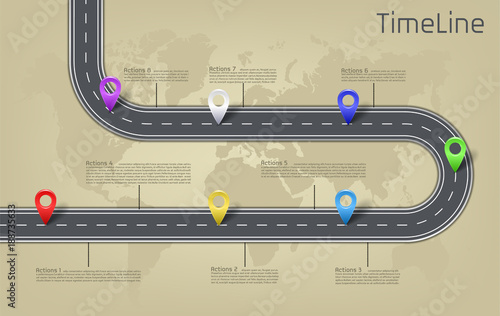 Vector company corporate car road on world map milestone, timeline business presentation layout infographic strategic plan workflow with pointer marks, action steps. Concept template illustration