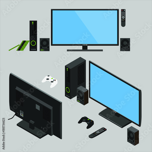 Isometric Illustration of Black Modern LED TV with remote control and Game Console with wireless gamepad flat design; 