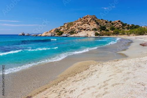 Fototapeta Naklejka Na Ścianę i Meble -  Beach with shallow crystal clear sea water in Mikri Vigla, Naxos island. Greece