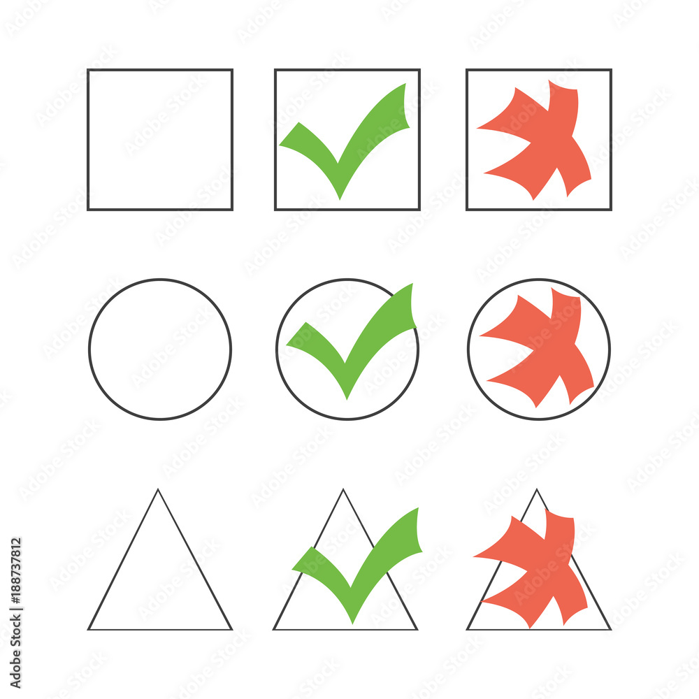 Tick and cross icons. Green checkmark OK and red X icons, Circle shape  symbols YES and NO button for vote ilustração do Stock