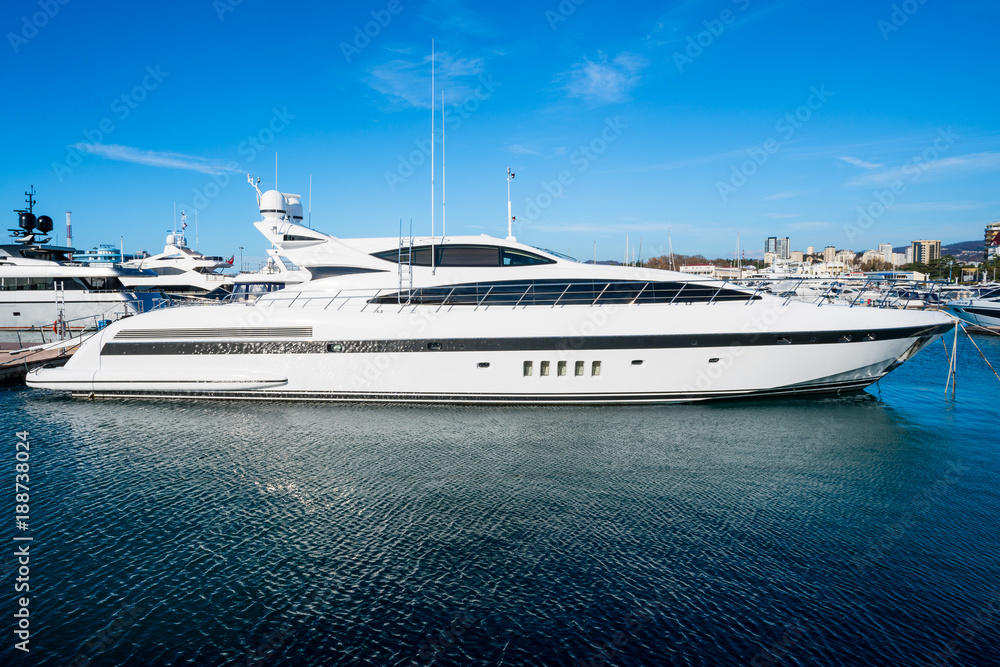 Fototapeta premium White yachts in the port. Yachts parking in harbor