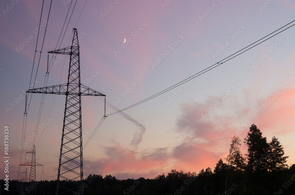 Power line at sunset over the forest.