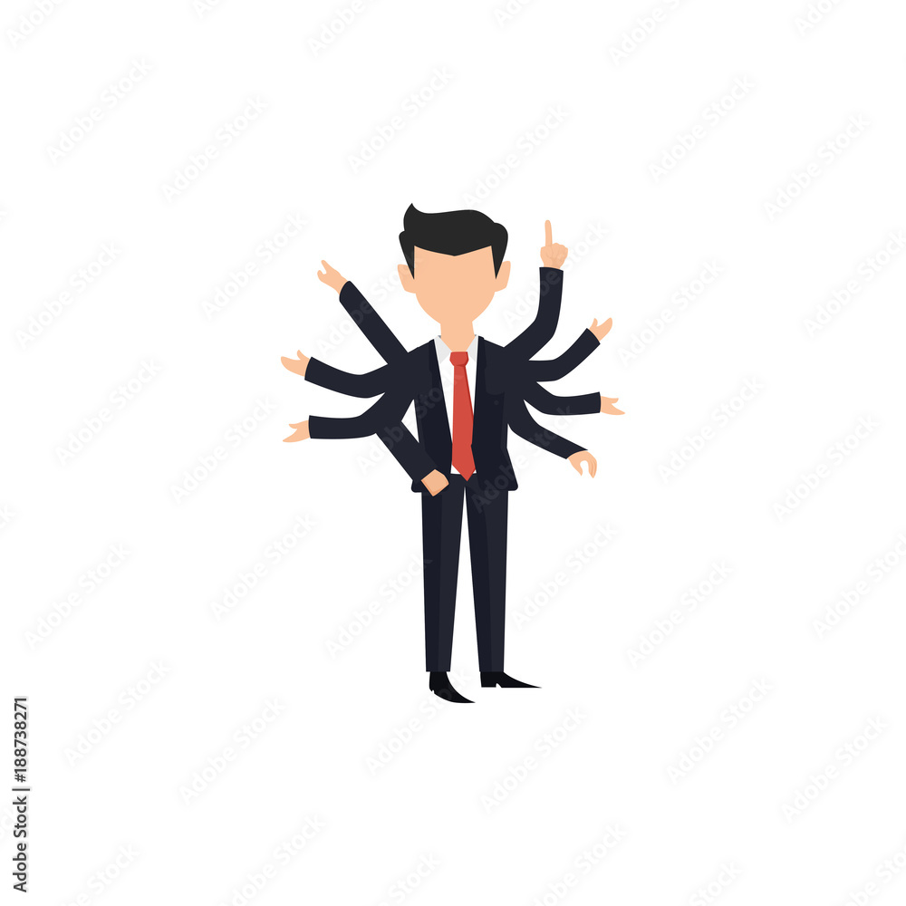 Businessman in suit. Business concept with icons. Cartoon Handsome successful man dressed in suit without face. Portrait of Full length. Flat design vector illustration isolated on blue background Businessman in suit. Business concept with icons. Cartoon Handsome successful man dressed in suit without face. Portrait of Full length. Flat design vector illustration isolated on blue background