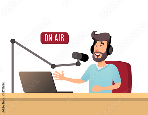 The radio presenter is talking on the air. A young radio DJ in headphones is working on a radio station. Broadcasts flat design vector illustration