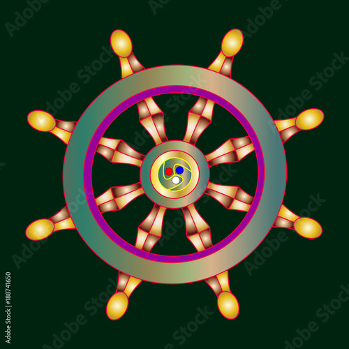Vector illustration golden Dharma wheel. Buddhism vector symbol. Dharmachakra.