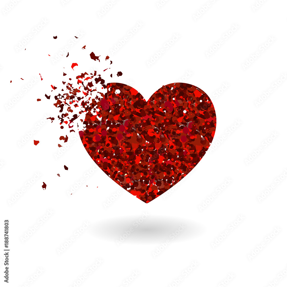 Crashed red glitter heart silhouette isolated on white background. Sharp glowing particles. Symbol of love. Vector illustration. Heart with red glitter. Valentine's Day Romantic background