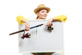 Happy woman with fishing rod holding board