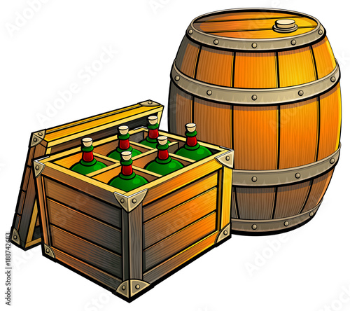 Alcohol in bottles and barrel.