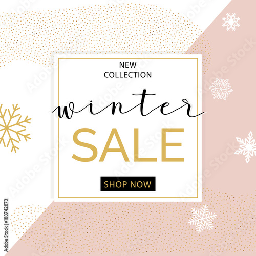 Elegant winter sale new collection banner in white and pink colors with foil pattern and snowflakes, vector