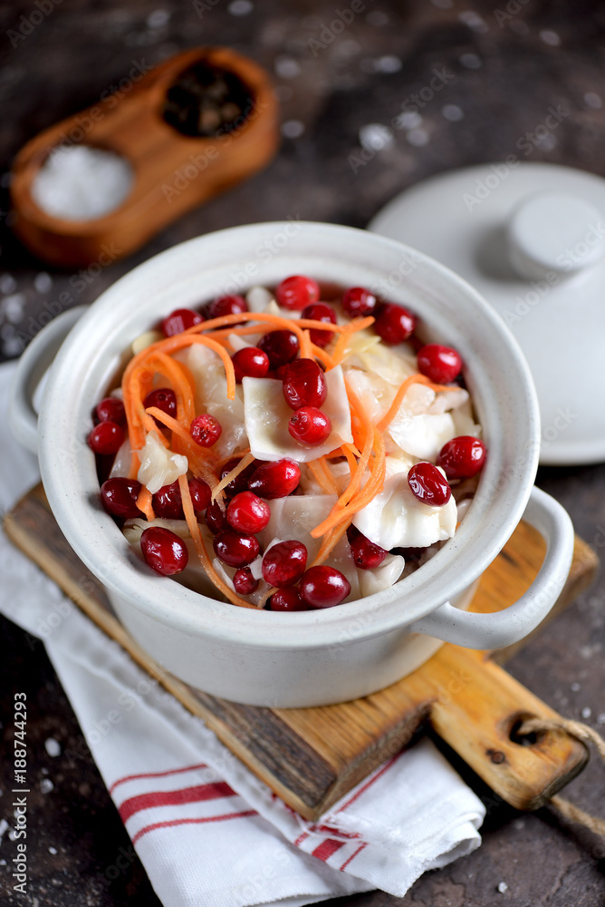White cabbage marinated with carrots, apples and cranberries. White cabbage marinated with carrots, apples and cranberries.