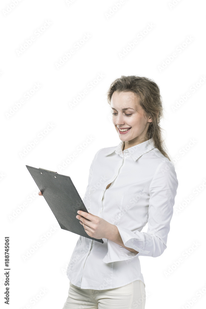 portrait of successful businesswoman with documents on white background portrait of successful businesswoman with documents on white background