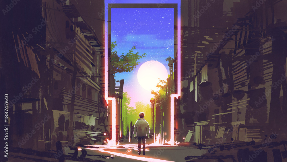 young boy standing in abandoned city looking at the magic gate with beautiful place, digital art style, illustration painting - obrazy, fototapety, plakaty 