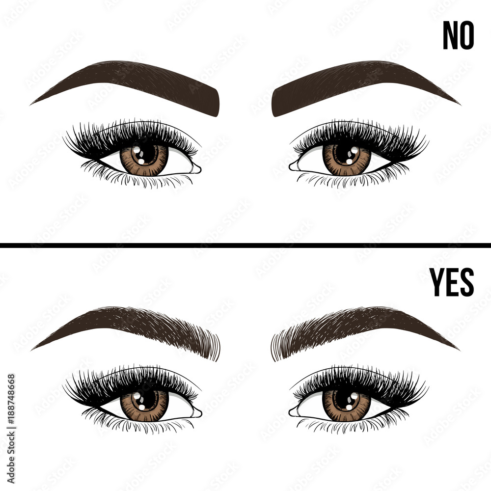 Right and wrong eyebrow coloring and eyebrows shapes. Female eyes and