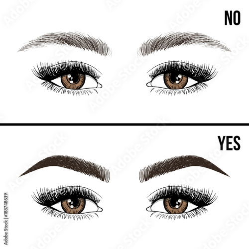 Right and wrong eyebrow coloring and eyebrows shapes. Female eyes and eyebrows vector elements. Types of eye makeup eyebrows. Yes and no vector illustration.