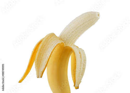 one half peeled banana isolated on white background