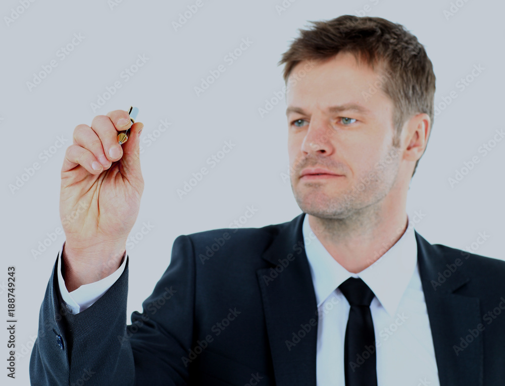 business man draw with marker on empty copy space isolated on white. business man draw with marker on empty copy space isolated on white.