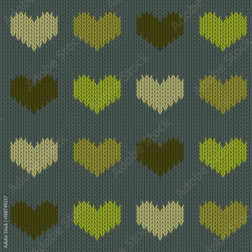Knitted woolen seamless pattern with hearts in green tones on a coniferous green background. Valentine's Day