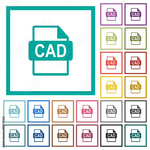 CAD file format flat color icons with quadrant frames