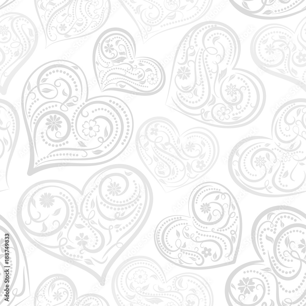 Seamless pattern of big hearts with ornament of curls, flowers and leaves, gray on white