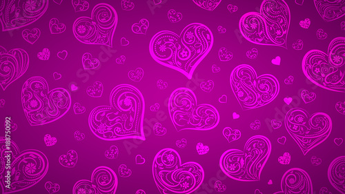 Background of big and small hearts with ornament of curls, flowers and leaves, in purple colors